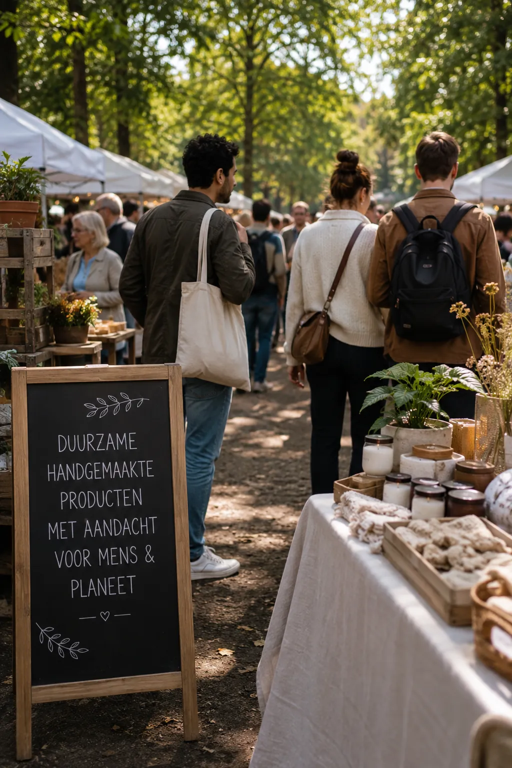 Sfeerimpressie: marktlaan met kramen en handgemaakte producten onder de bomen